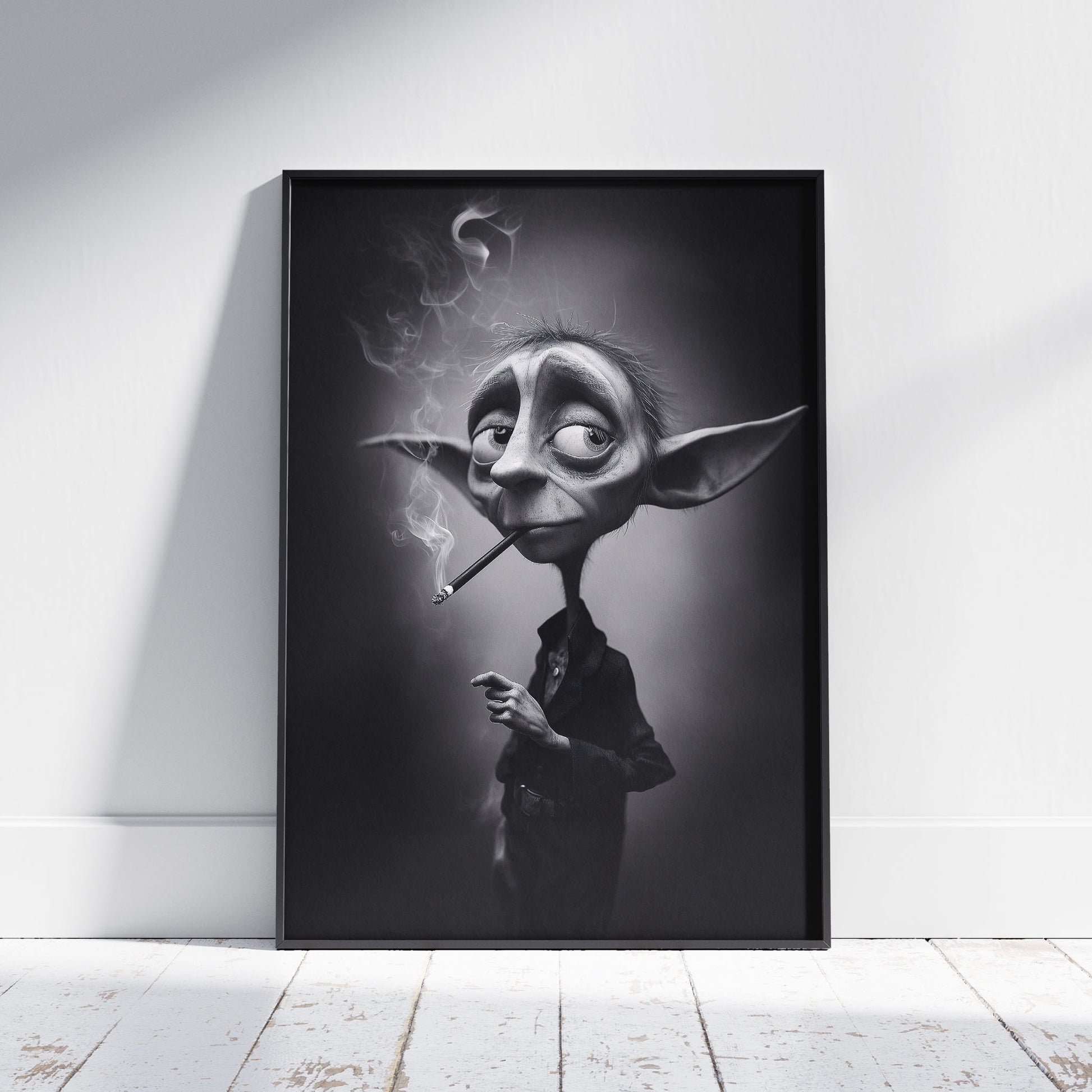 A highly detailed, black and white digital art portrait of a fantasy goblin-like creature with large, pointed ears and weary eyes. The creature has a long, thin neck and is smoking a cigarette, with smoke curling up around its head. It is dressed in a dark jacket, embodying a moody, noir aesthetic.