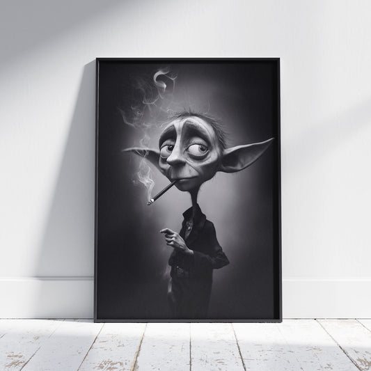 A highly detailed, black and white digital art portrait of a fantasy goblin-like creature with large, pointed ears and weary eyes. The creature has a long, thin neck and is smoking a cigarette, with smoke curling up around its head. It is dressed in a dark jacket, embodying a moody, noir aesthetic.