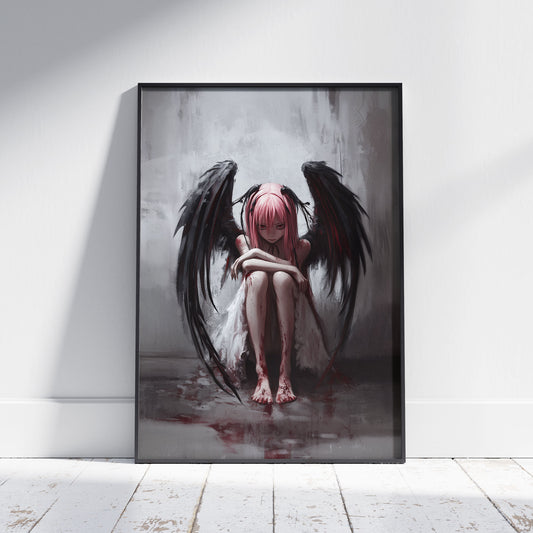 Dark angel art print featuring melancholy fallen angel with pink hair and black wings sitting in gothic pose surrounded by red blood splatter on gray background - gothic wall decor poster