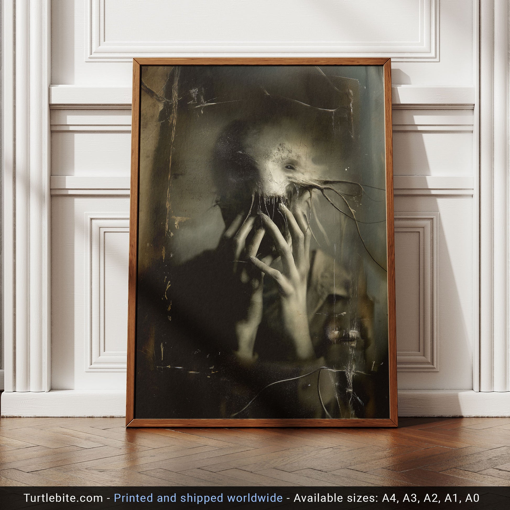 Horror wall art poster featuring nightmare-like ethereal being, gothic decor for dark art collectors