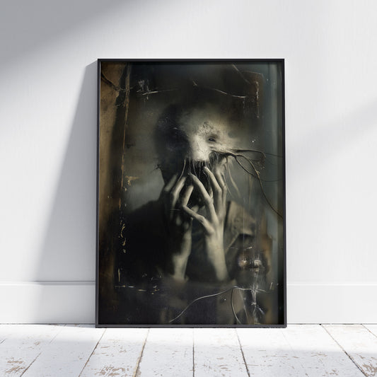 Horror art print featuring ethereal ghostly figure with flowing hair in dark atmospheric setting, gothic wall art poster