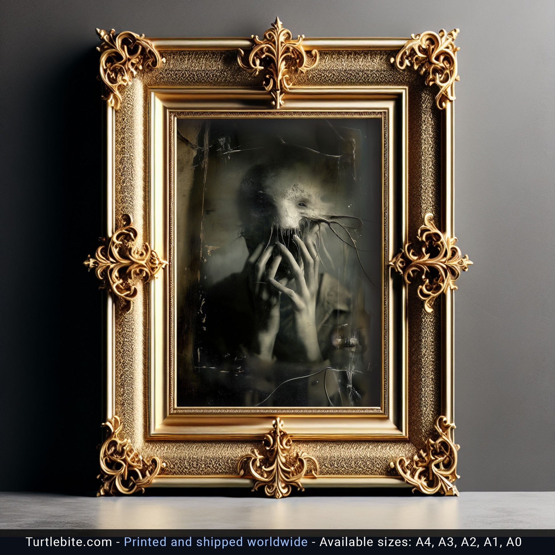 Creepy surreal art print with flowing ghostly figure in shadows, dark aesthetic wall decoration