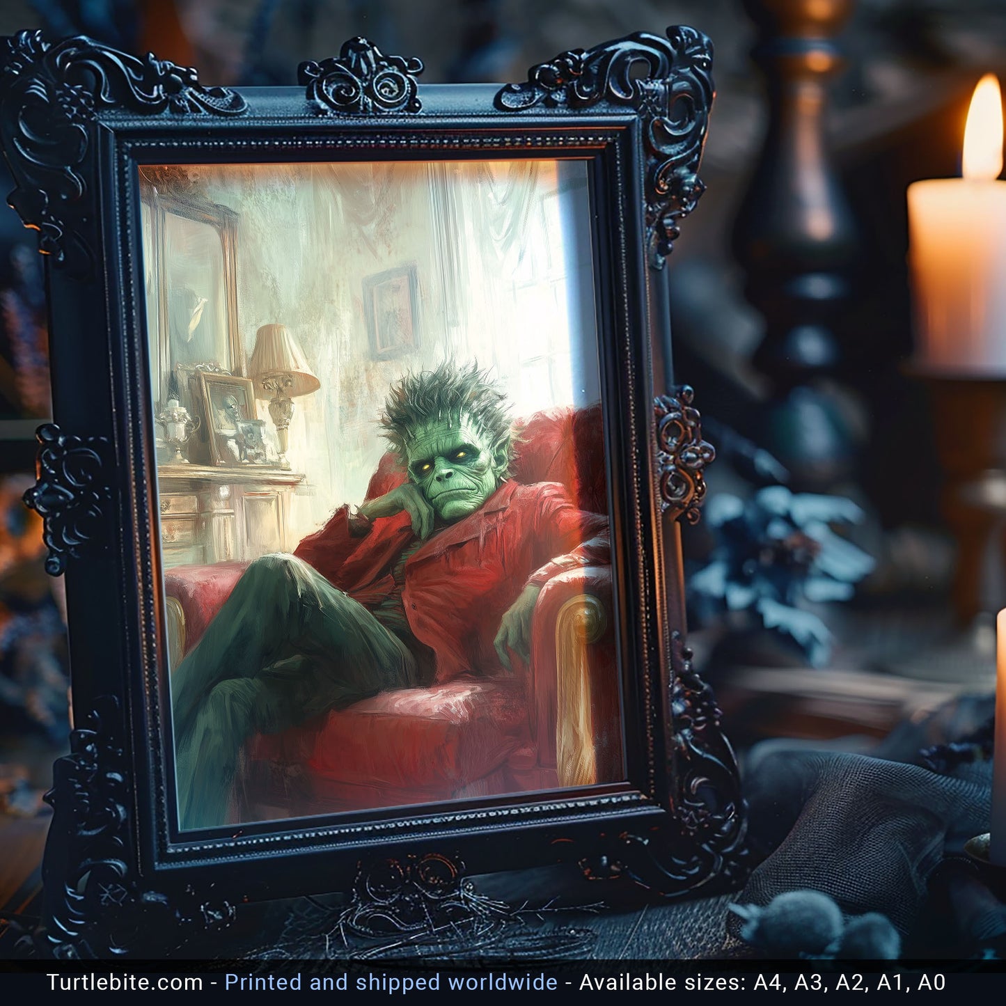 Frankenstein Art Print: Moody Monster in Repose, Gothic Home Decor, Dark Academia Wall Art, Classic Horror Portrait, Psychiatrist Session