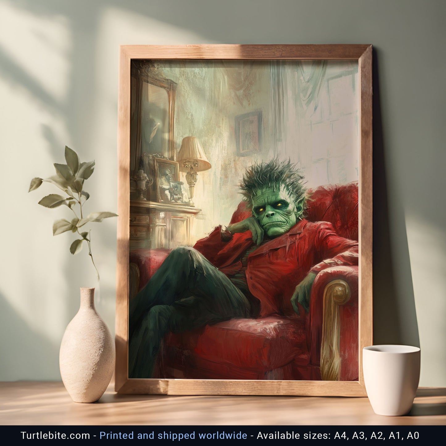 Frankenstein Art Print: Moody Monster in Repose, Gothic Home Decor, Dark Academia Wall Art, Classic Horror Portrait, Psychiatrist Session