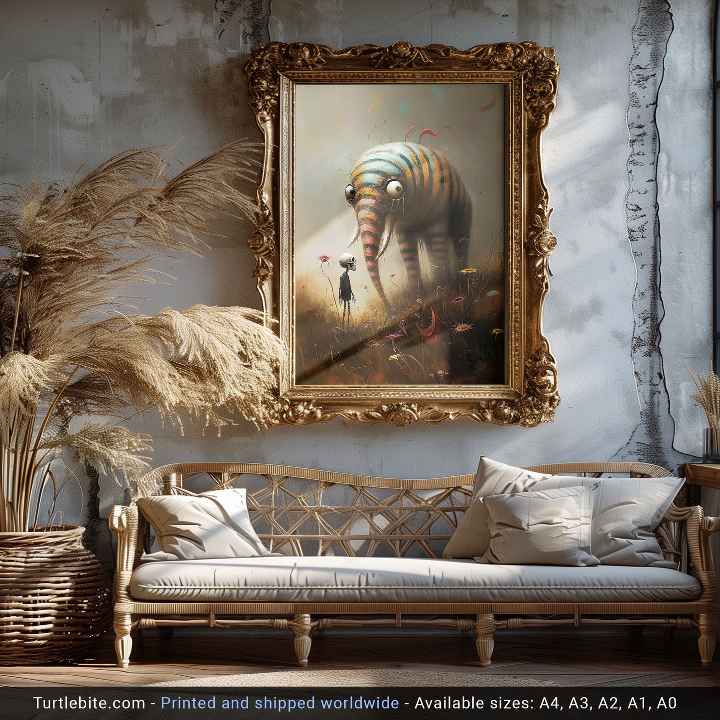 Surreal Elephant Art Print, Whimsical Striped Creature & Skeleton in a Field, Dark Fantasy Wall Decor, Gothic Macabre Poster Gift