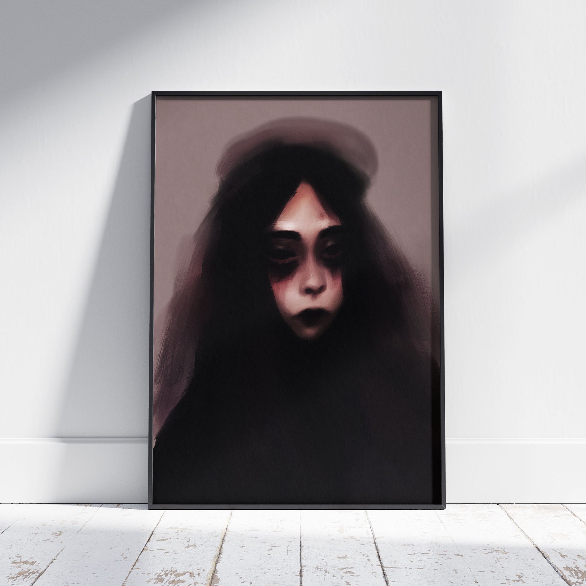 Dark gothic art print showing ethereal female figure with long black hair and shadowy eyes emerging from misty background, perfect for spooky wall decor