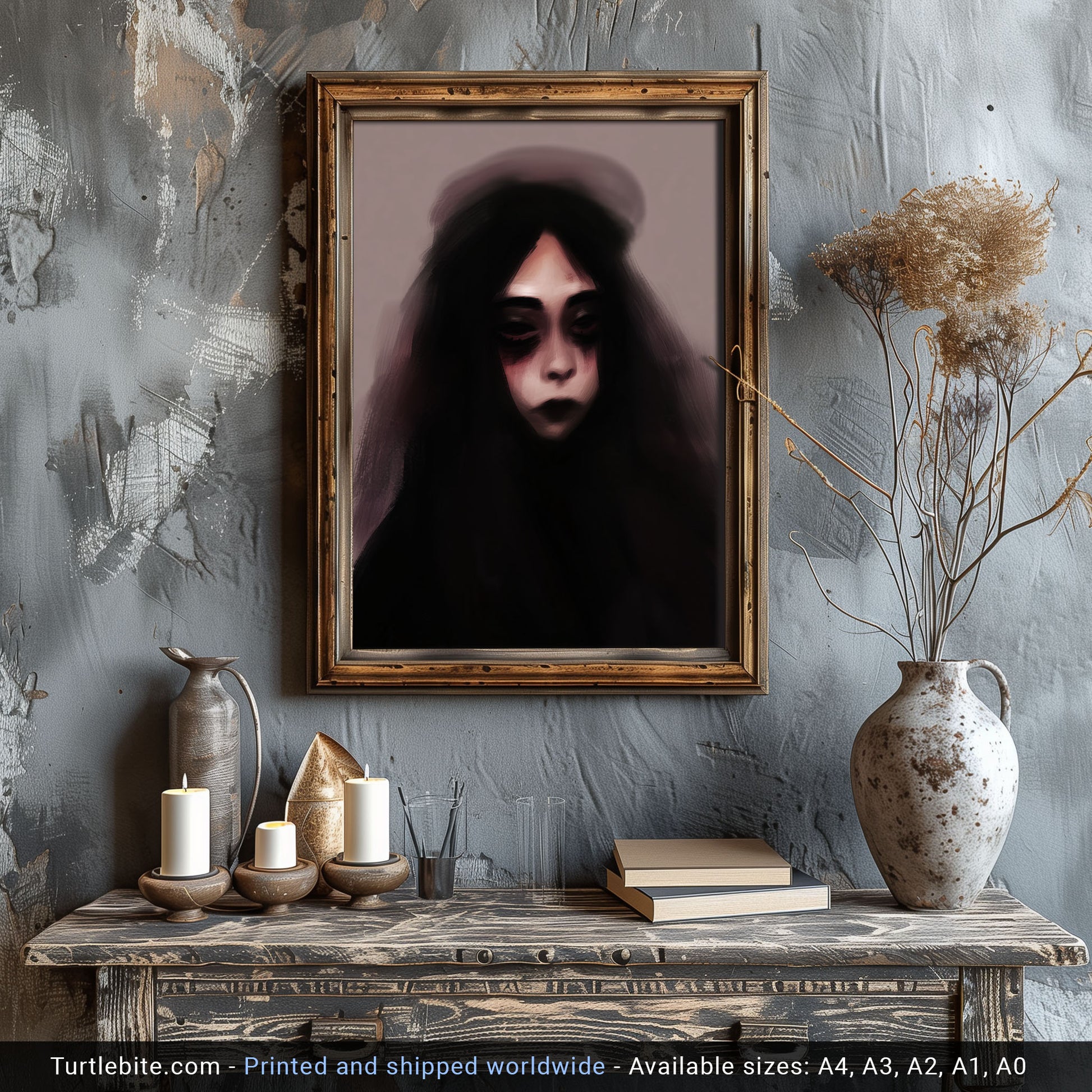 ror art print featuring ghostly female figure with deep-set dark eyes and black hair shrouded in ethereal fog, great for spooky room decor