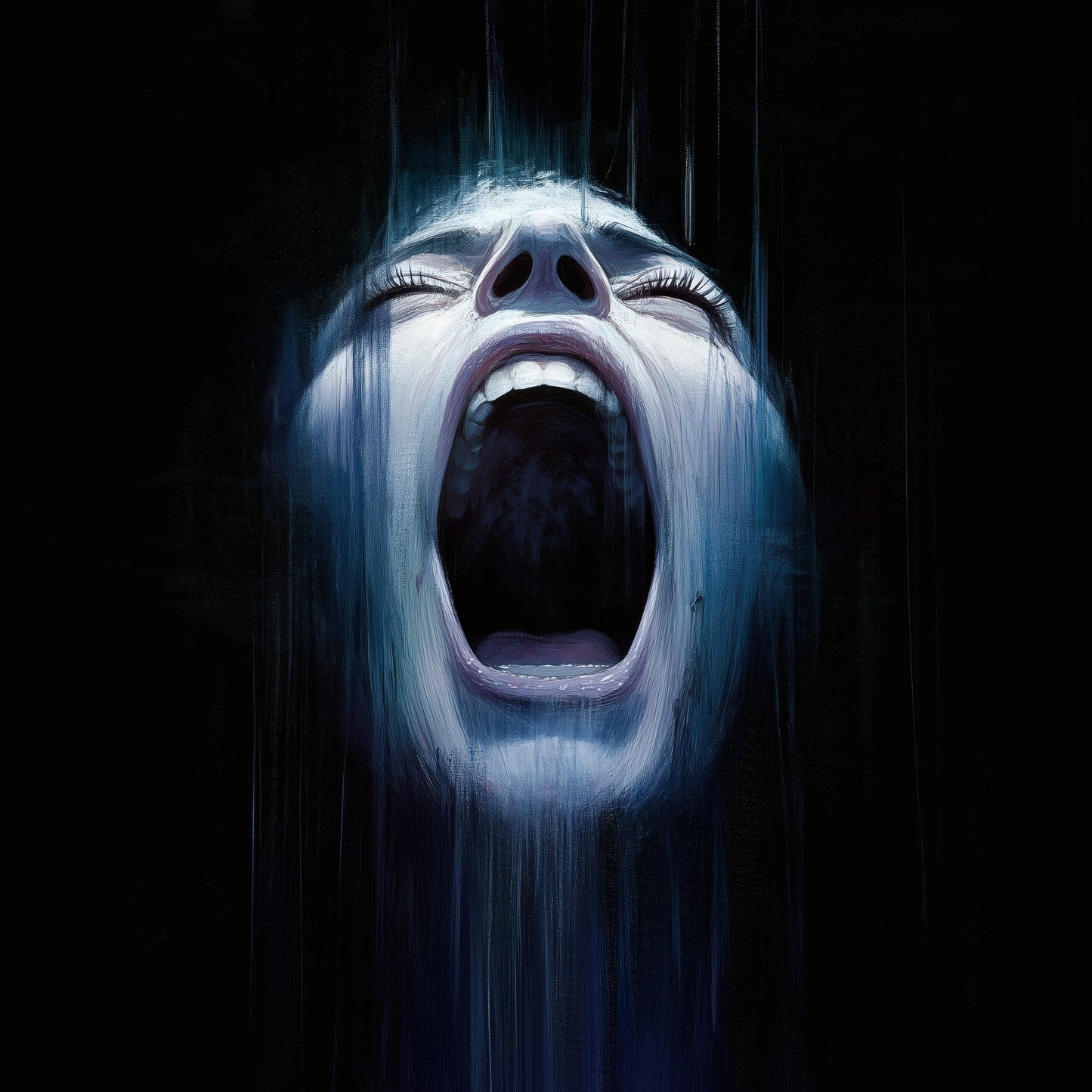 Creepy pale face artwork with open mouth screaming in blue nightmare poster