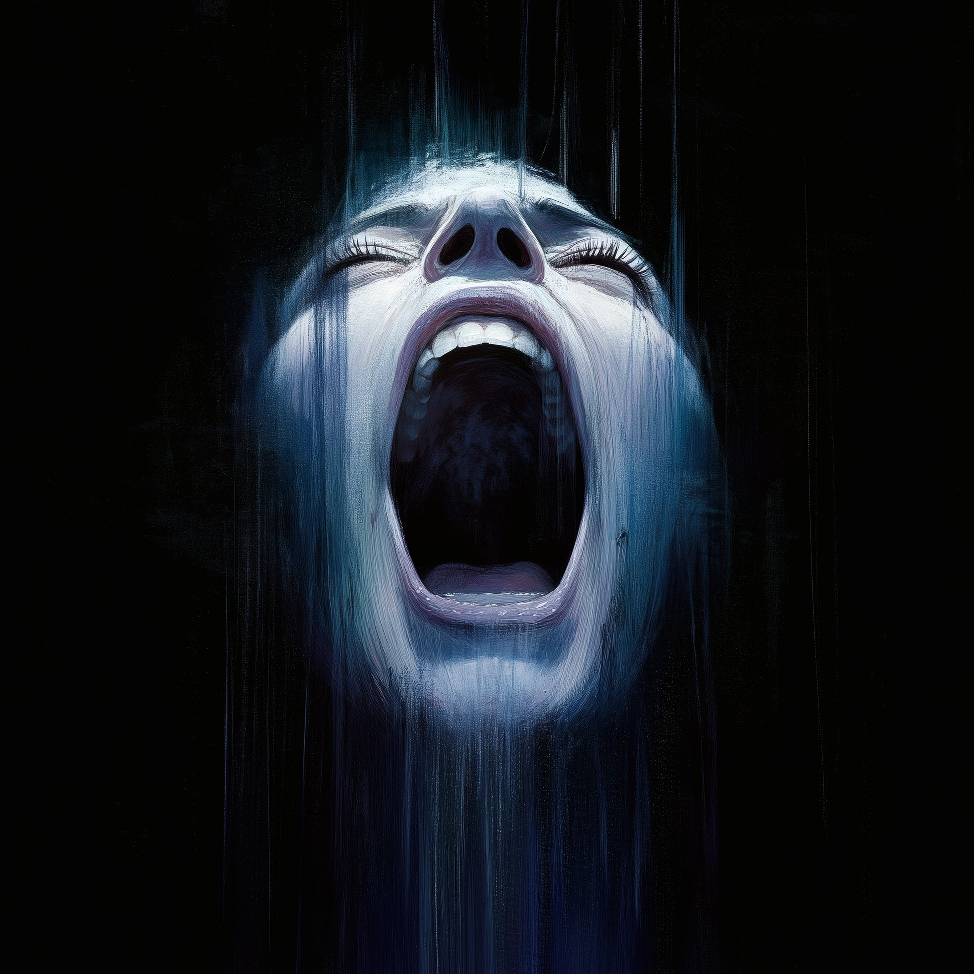 Creepy pale face artwork with open mouth screaming in blue nightmare poster