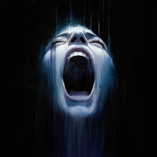 Creepy pale face artwork with open mouth screaming in blue nightmare poster