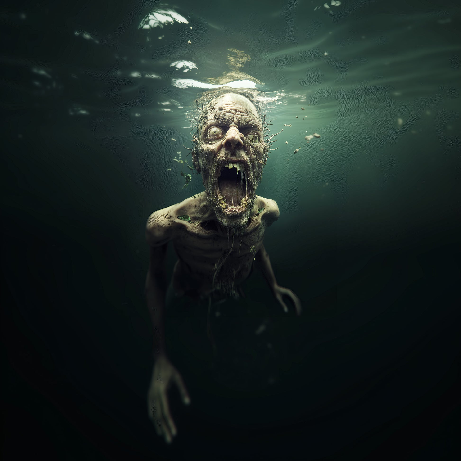 Dark gothic wall art featuring creepy zombie face with hollow eyes underwater