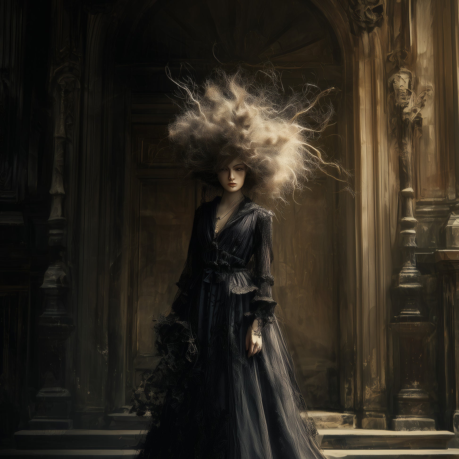 Dark fantasy art showing ethereal woman in black Victorian gown standing in haunted castle interior