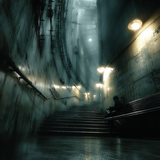 Atmospheric industrial stairway print featuring solitary person in dystopian underpass with dramatic lamp lighting