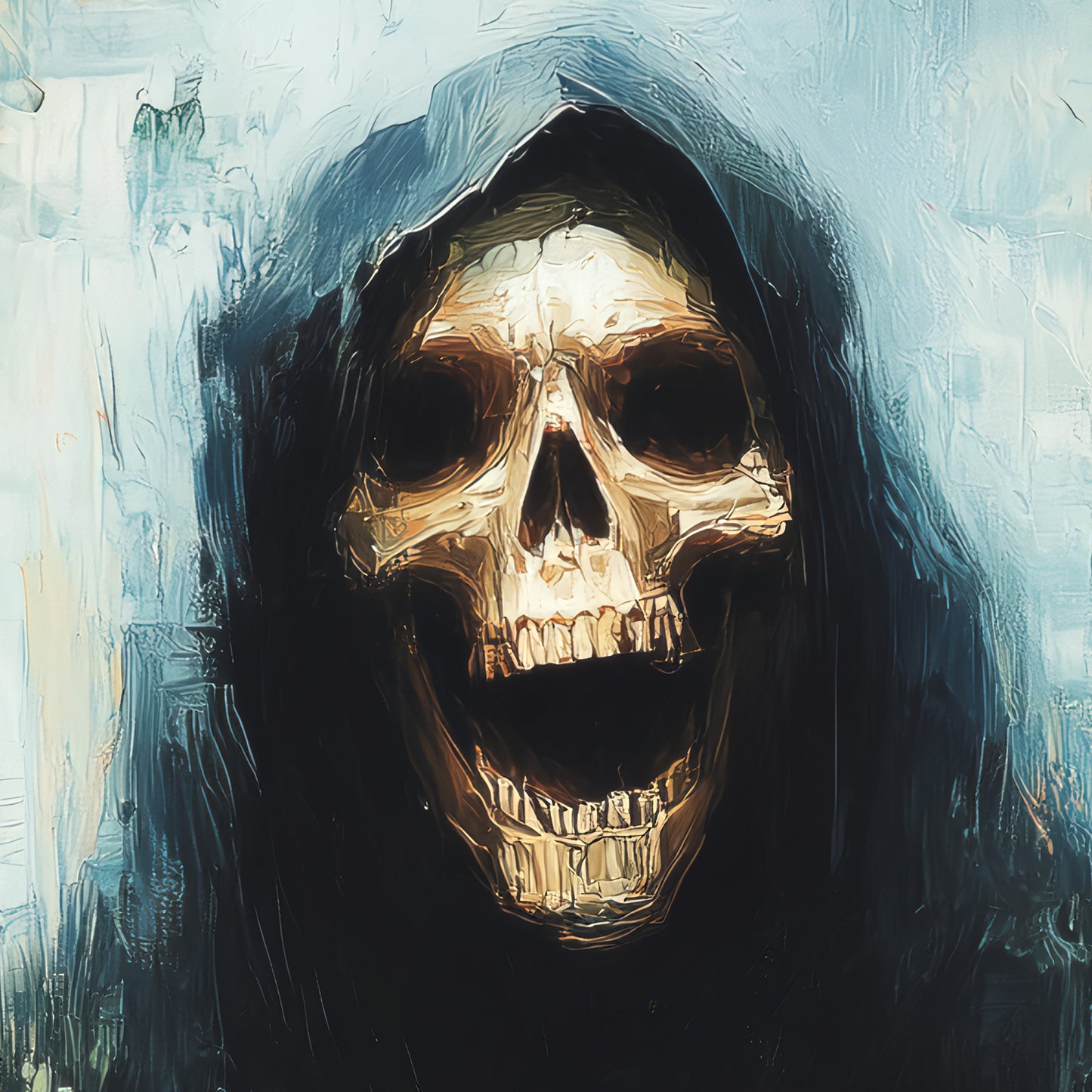Skull with a hood against a textured blue background