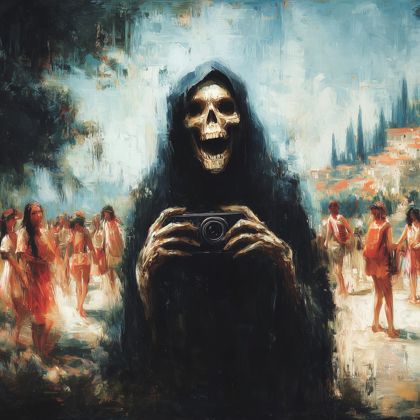 Grim reaper skeleton holding camera with beach tourists in background, dark humor wall art print with impressionistic painting style