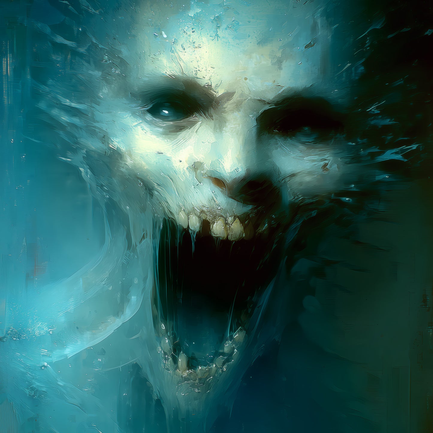 Demonic skull screaming underwater in teal and blue horror poster with painterly brushstrokes for dark art lovers