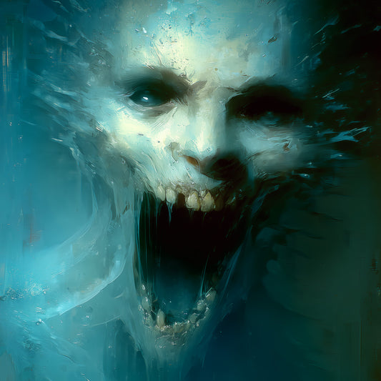 Demonic skull screaming underwater in teal and blue horror poster with painterly brushstrokes for dark art lovers
