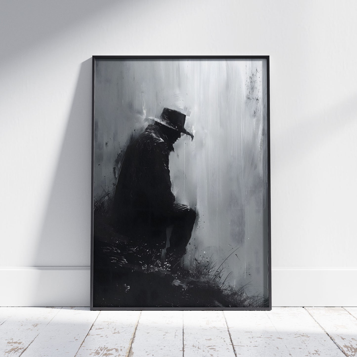 Sitting Man in Rain Poster, Black and White Painting Print