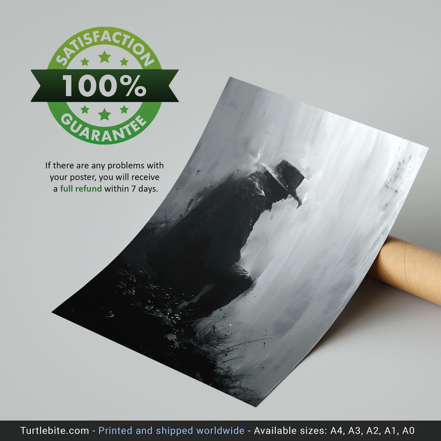 Sitting Man in Rain Poster, Black and White Painting Print