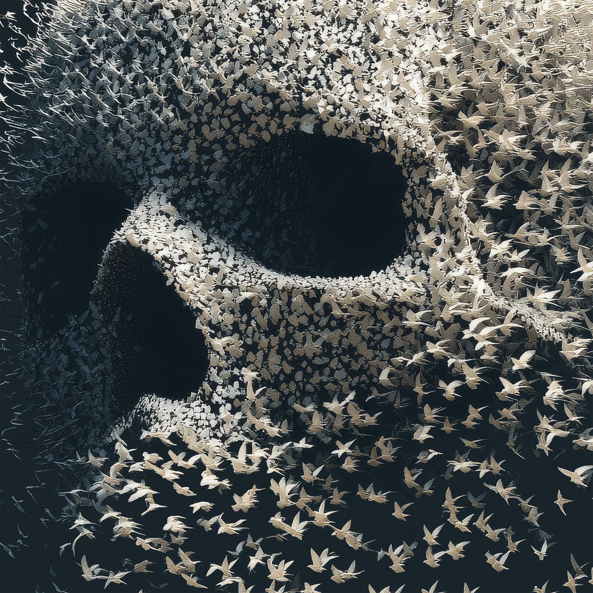 Bird skull poster showing the jawline dissolving into a scattered flock of birds in flight