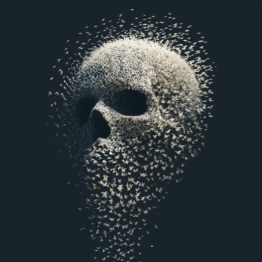 Bird skull poster made entirely of a murmuration of small birds against a dark sky