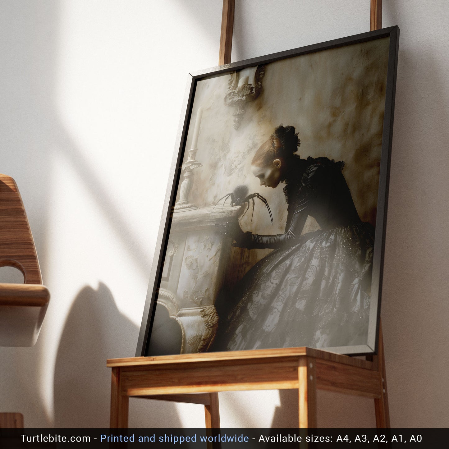 Macabre baroque art poster with skeleton woman in ornate parlor examining spider in atmospheric sepia tones
