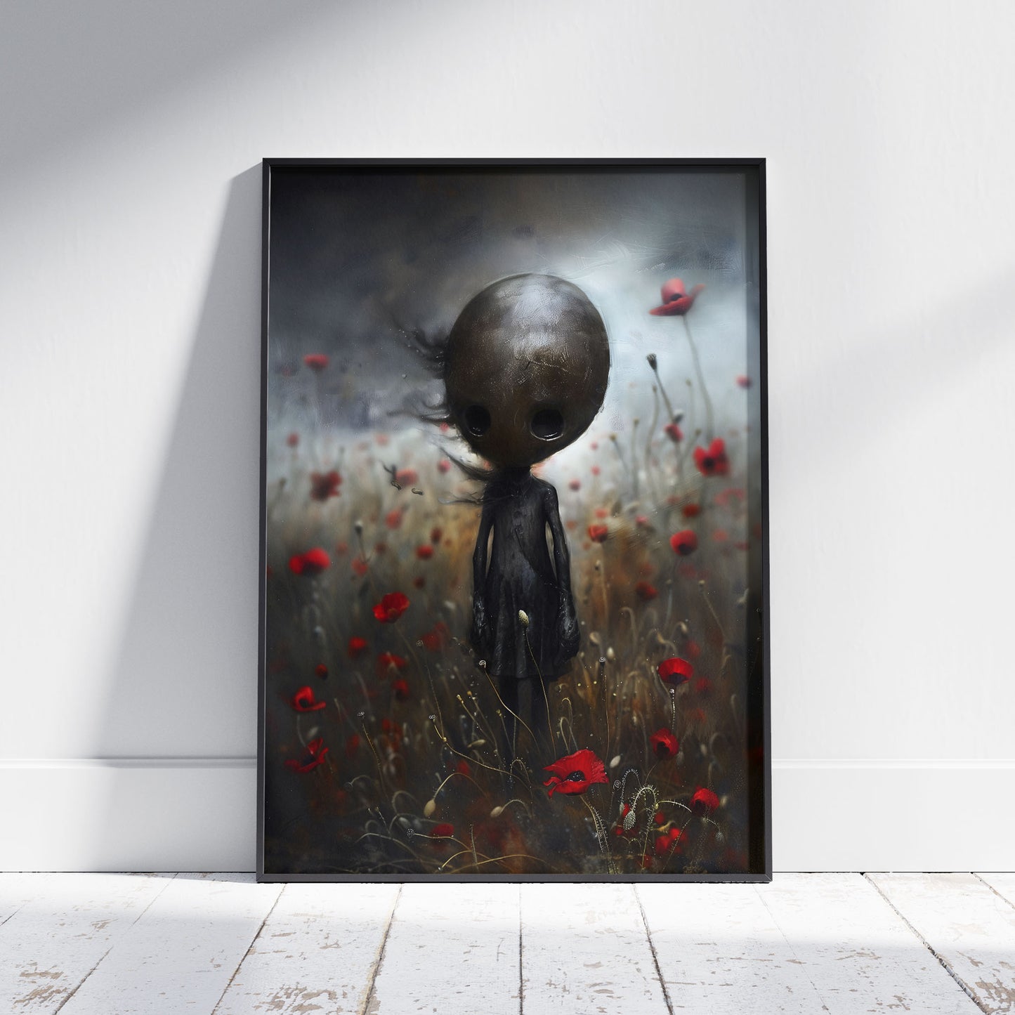 Creepy Cute Doll in Poppy Field Poster - Dark Wall Art Print