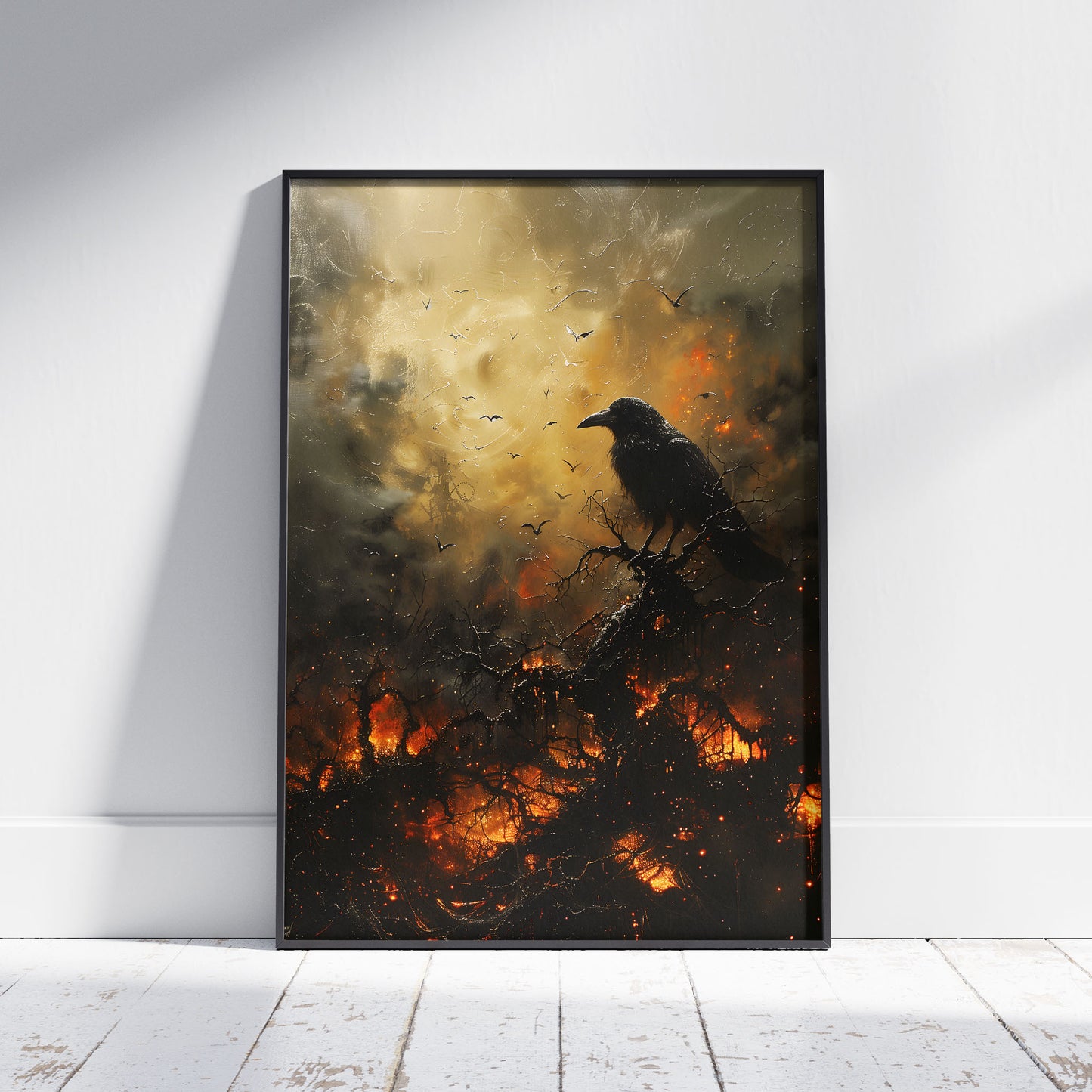 Black Crow in Burning Forest Poster - Creepy Wall Art