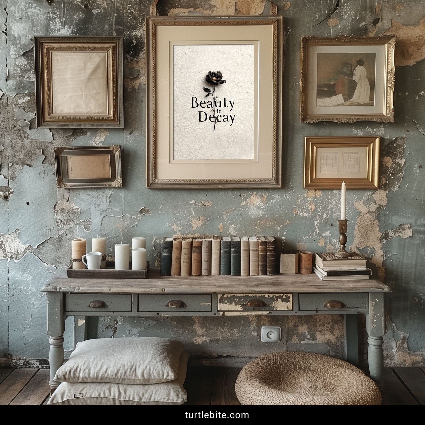 Minimalist dark art poster showing decaying black flower bloom with philosophical memento mori text