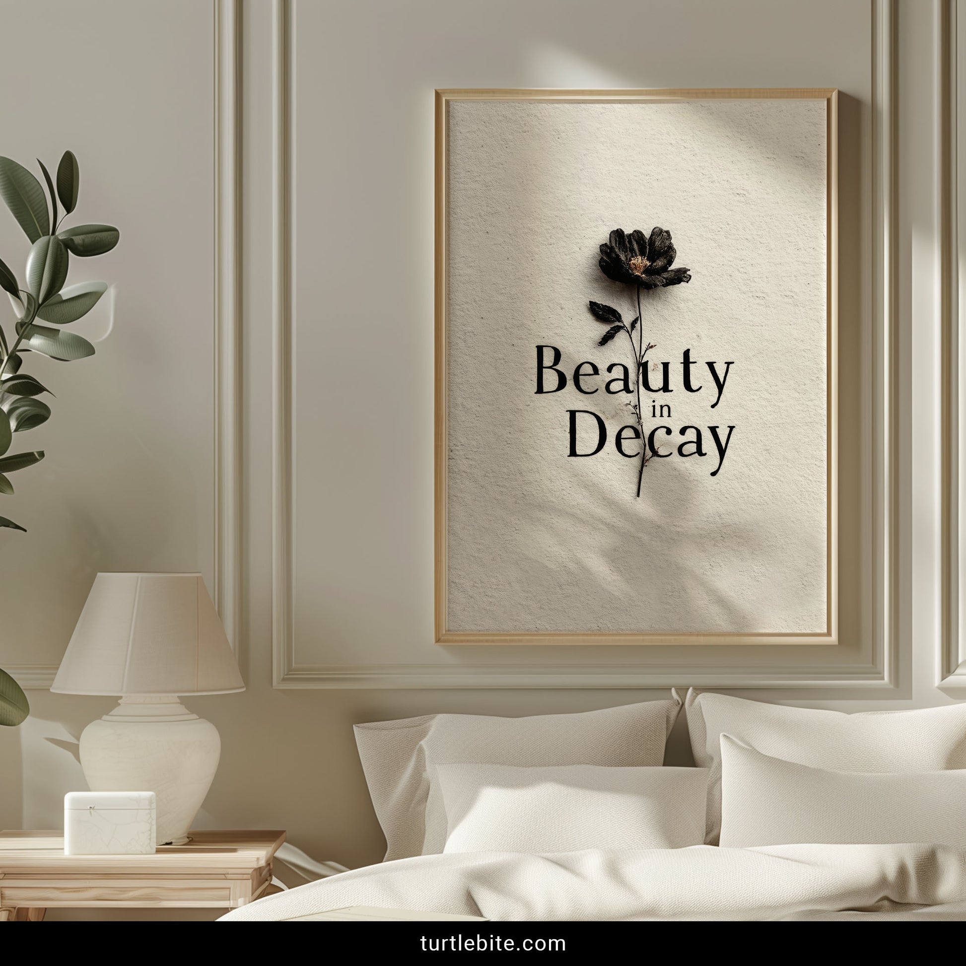 Moody macabre wall art with deteriorating flower and Beauty in Decay lettering for gothic home decor