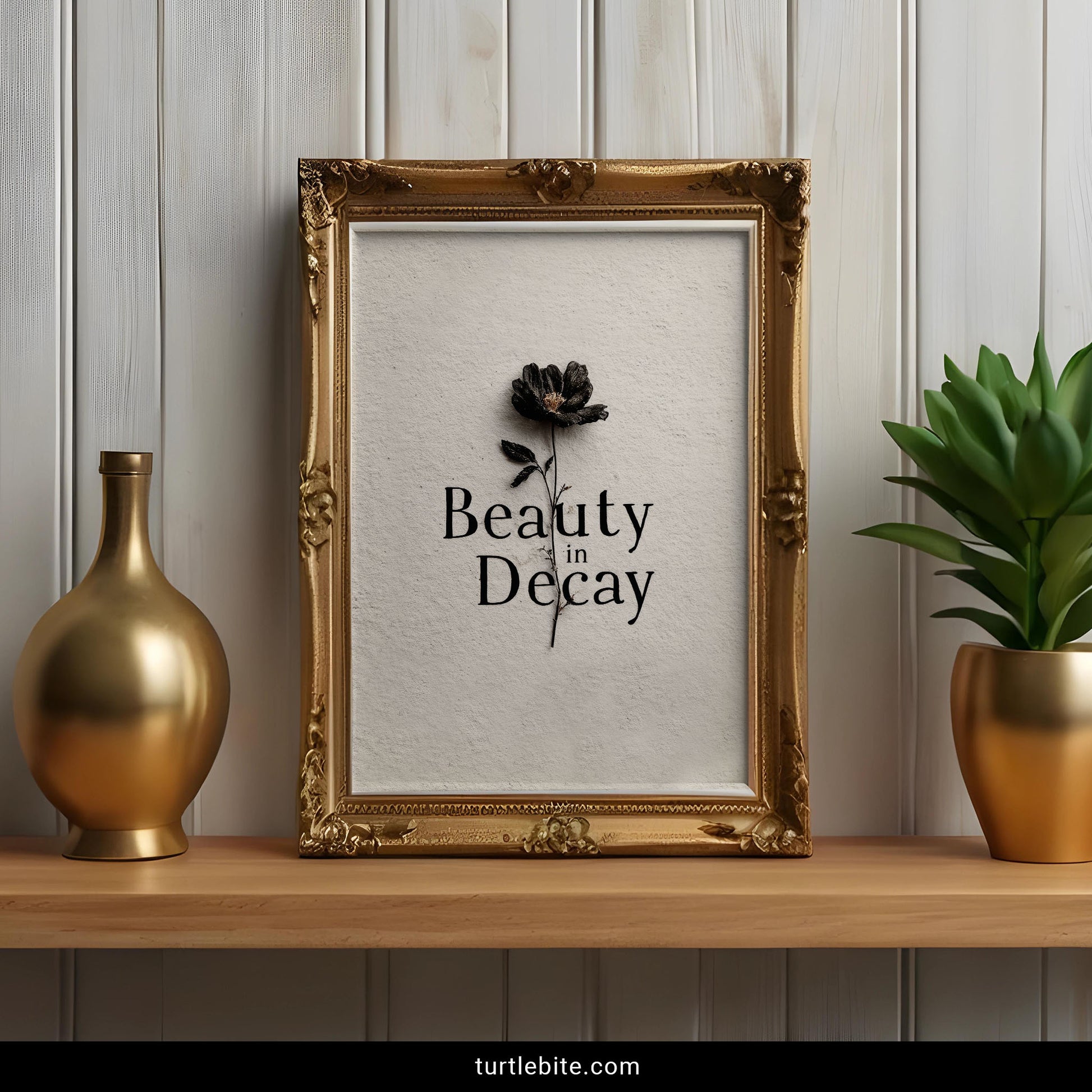 Existential memento mori print displaying wilted dark flower against neutral textured surface with typography