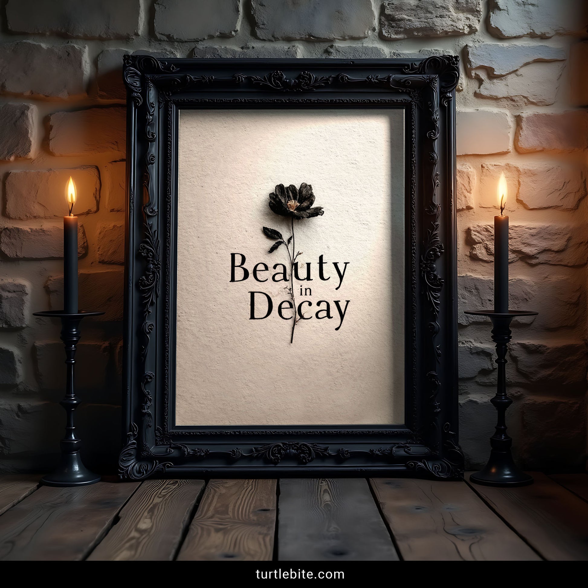 Minimalist dark art poster showing decaying black flower bloom with philosophical memento mori text