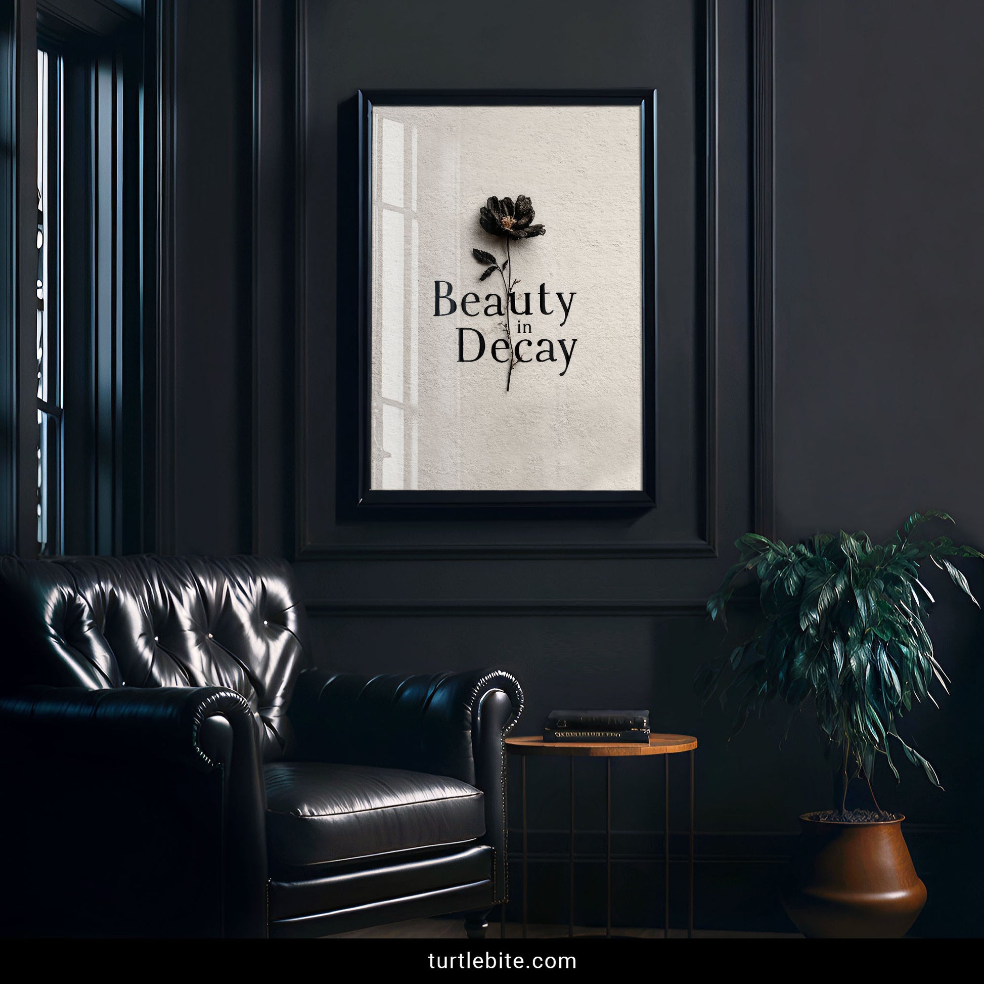 Moody macabre wall art with deteriorating flower and Beauty in Decay lettering for gothic home decor