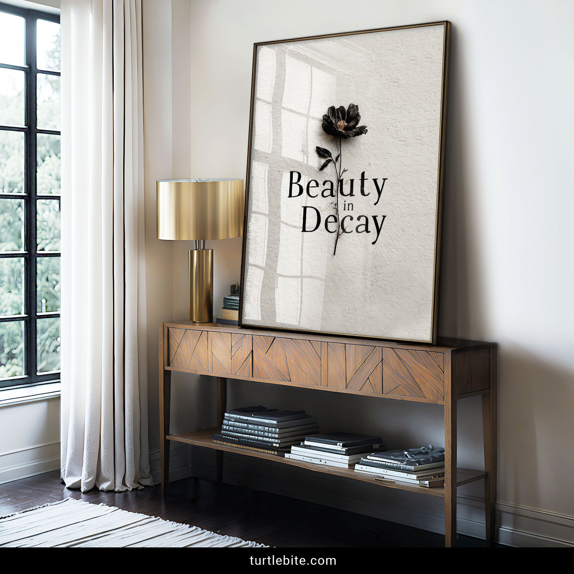 Moody macabre wall art with deteriorating flower and Beauty in Decay lettering for gothic home decor