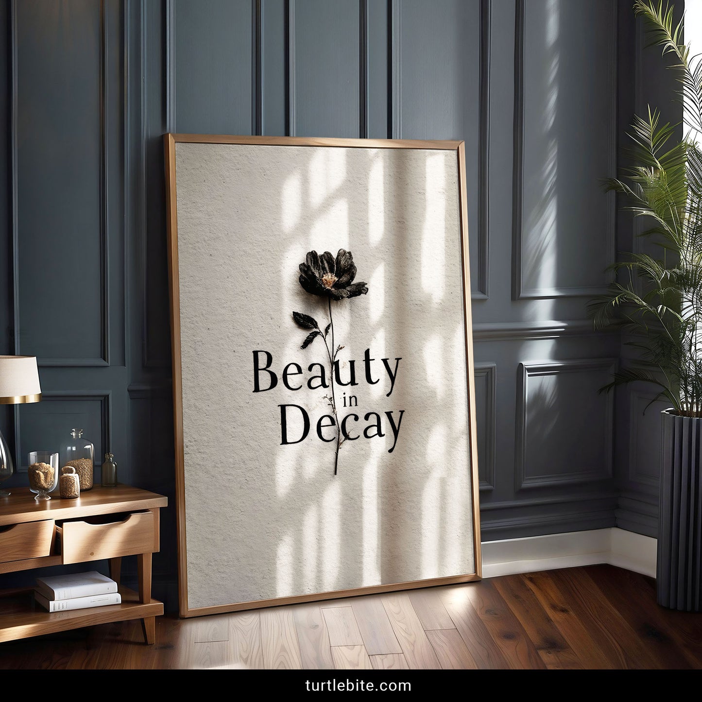 Gothic botanical art featuring dried black flower with memento mori Beauty in Decay message for dark academia aesthetic