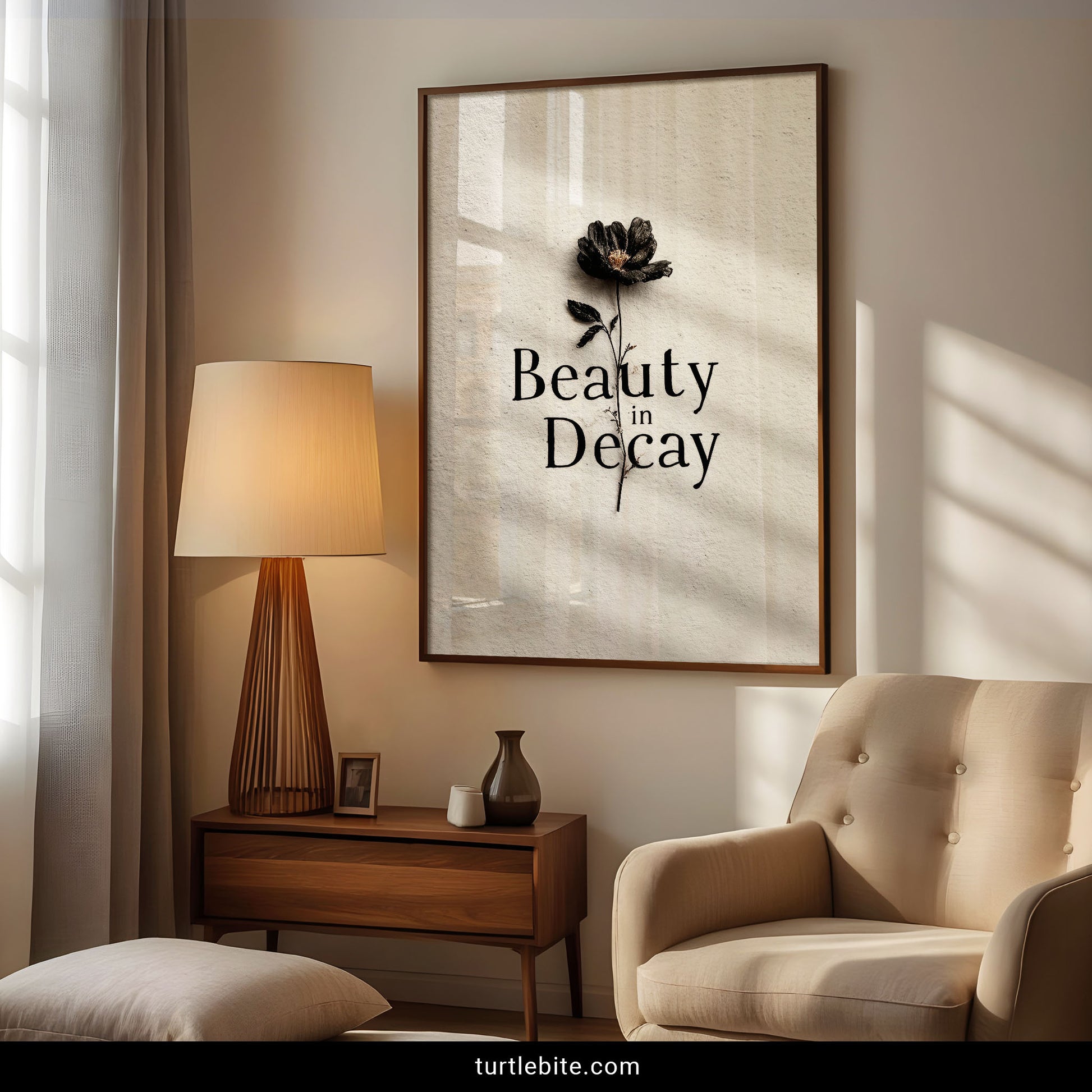 Gothic botanical art featuring dried black flower with memento mori Beauty in Decay message for dark academia aesthetic