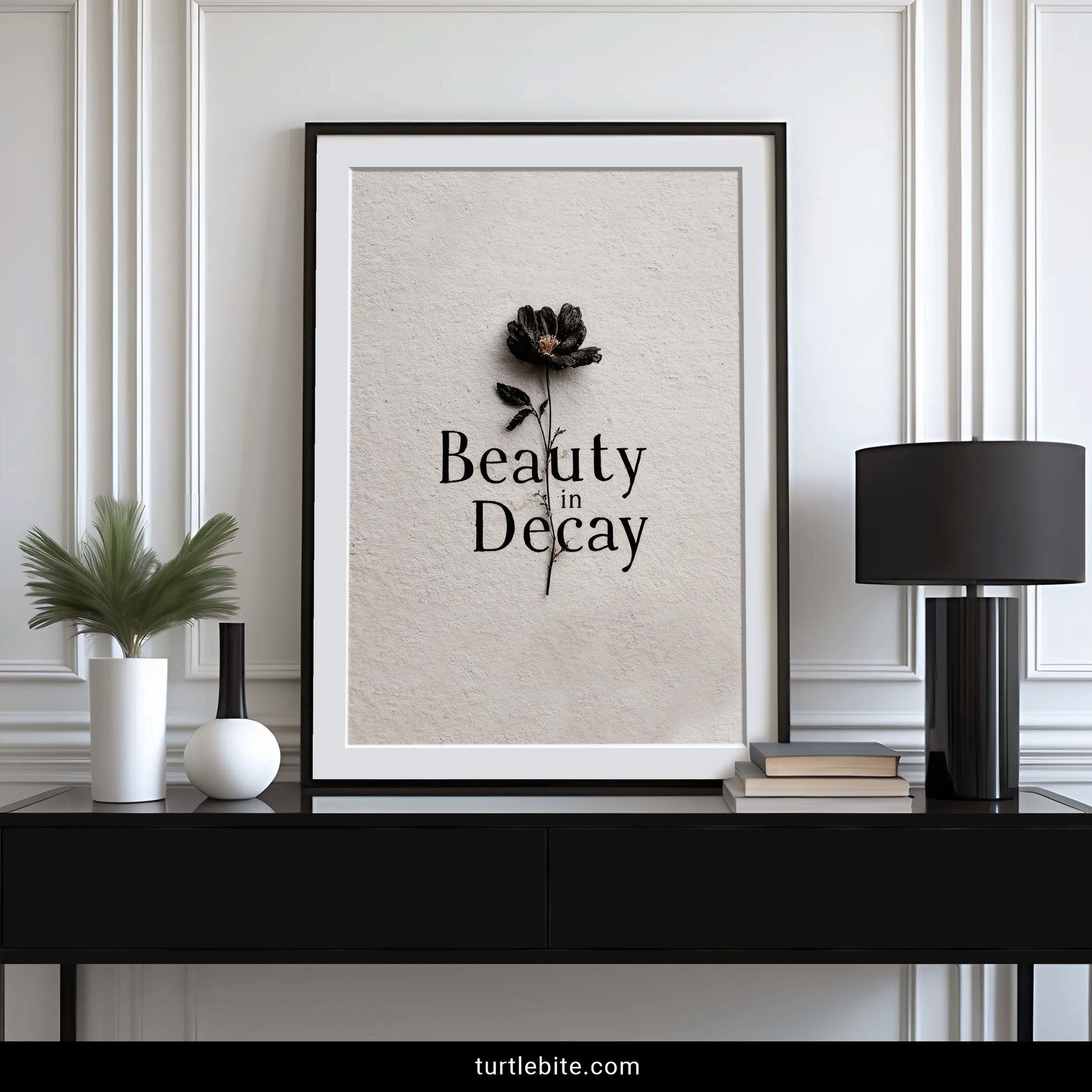 Gothic botanical art featuring dried black flower with memento mori Beauty in Decay message for dark academia aesthetic