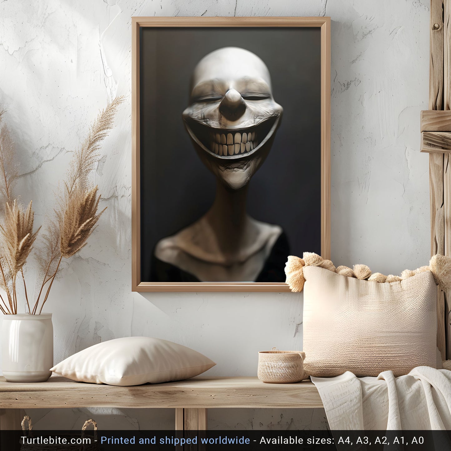 Bizarre Grinning White Head Poster - Moody Vibes Wall Art - Dark Witchy Gift Print