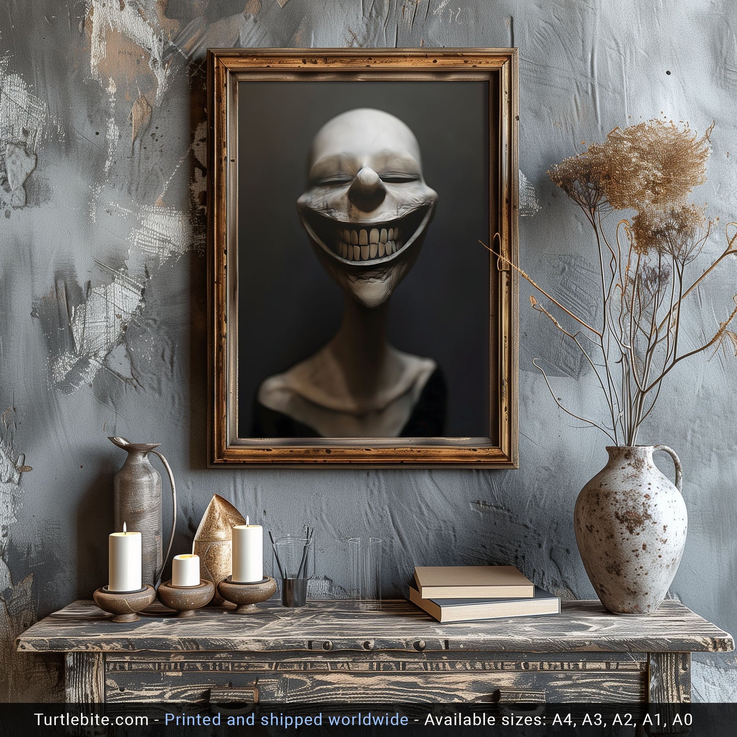 Bizarre Grinning White Head Poster - Moody Vibes Wall Art - Dark Witchy Gift Print