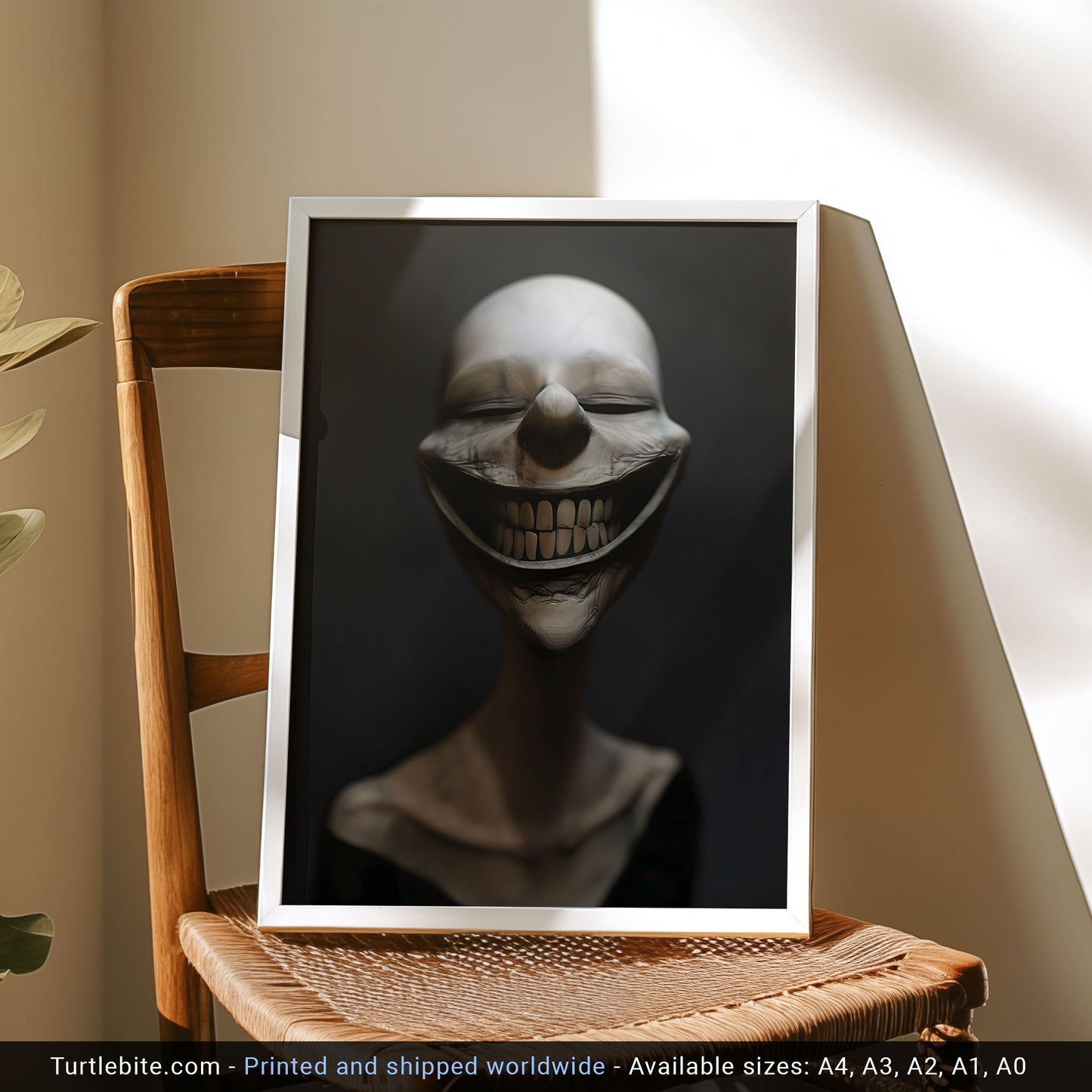 Bizarre Grinning White Head Poster - Moody Vibes Wall Art - Dark Witchy Gift Print