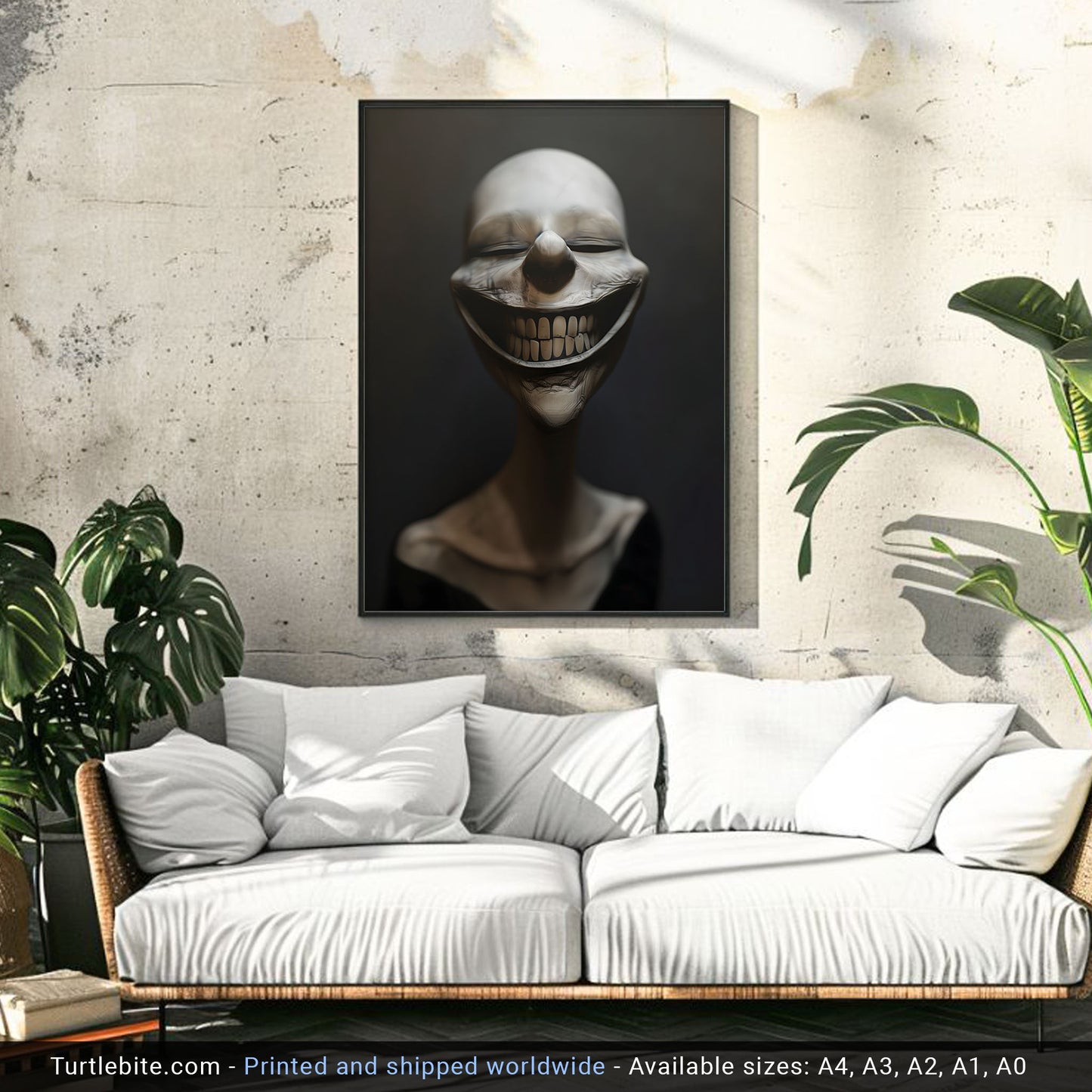 Bizarre Grinning White Head Poster - Moody Vibes Wall Art - Dark Witchy Gift Print