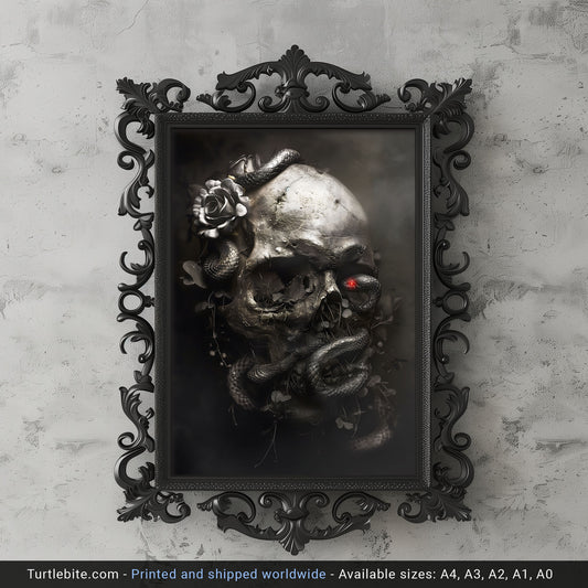 Black Snake and Skull Poster - Macabre Dark Art Print