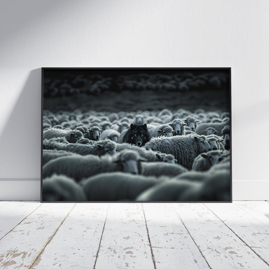 A framed black and white photographic print of a large flock of sheep with a shepherd in the center, leaning against a white wall on a white wooden floor.