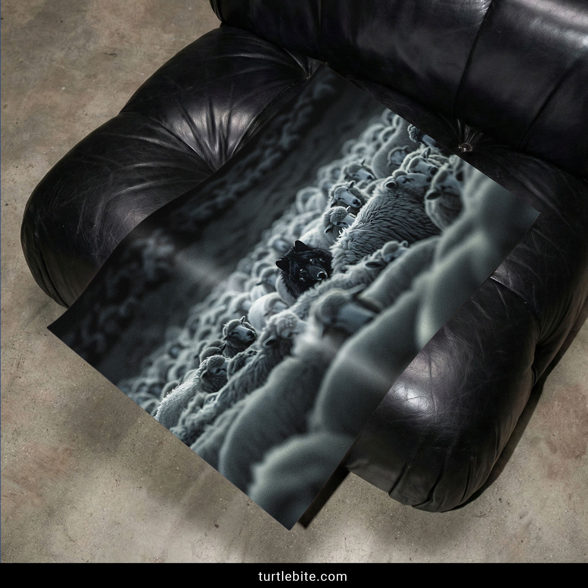 A black leather recliner chair in a real room setting with a printed poster or art print draped over it. The print shows a close-up grayscale microscopic or macroscopic texture scene with a small dark cat visible near the center.