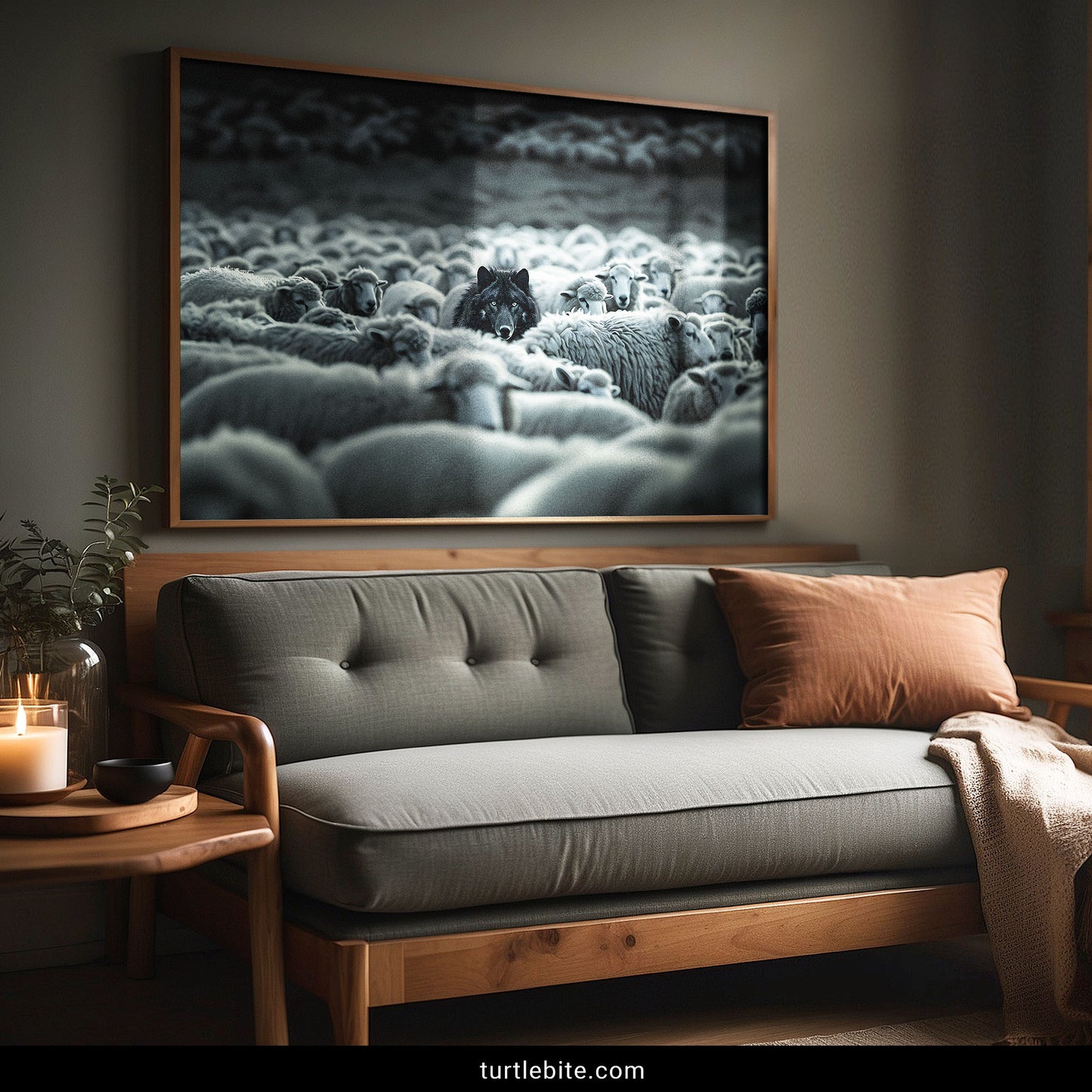 A large framed black and white photograph of a flock of sheep hangs on a dark gray wall above a wooden sofa with gray cushions and a rust-colored pillow in a styled living room.