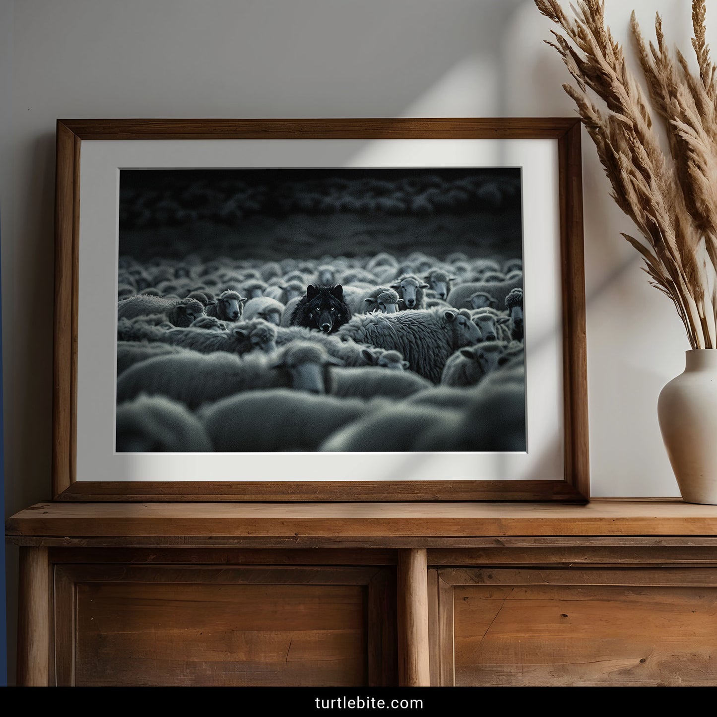 A framed black and white art print depicting a dense flock of sheep, styled on a wooden console table next to a vase of dried grass.