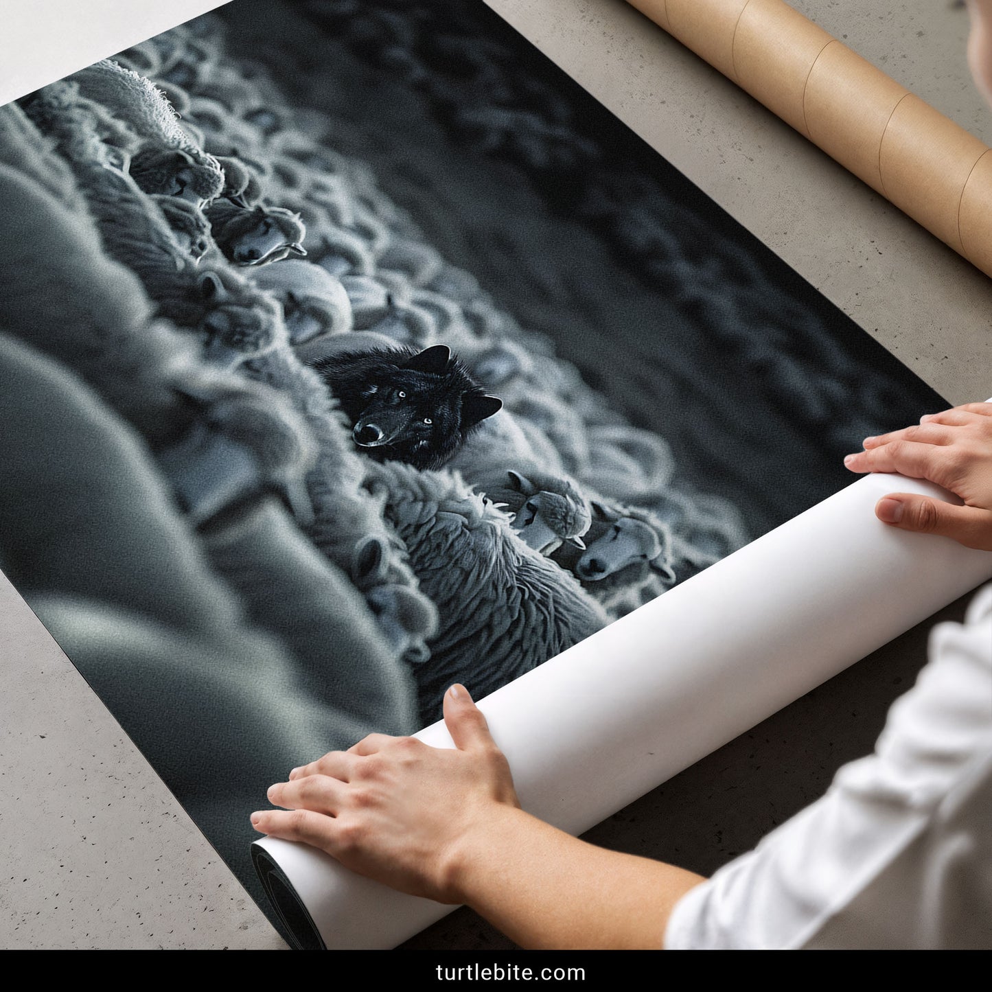 A person unrolling a large photographic art print showing a black wolf among gray sheep, with hands visible and part of a white shirt. The print is laid on a light gray surface, and a cardboard mailing tube is partly visible at the top right.