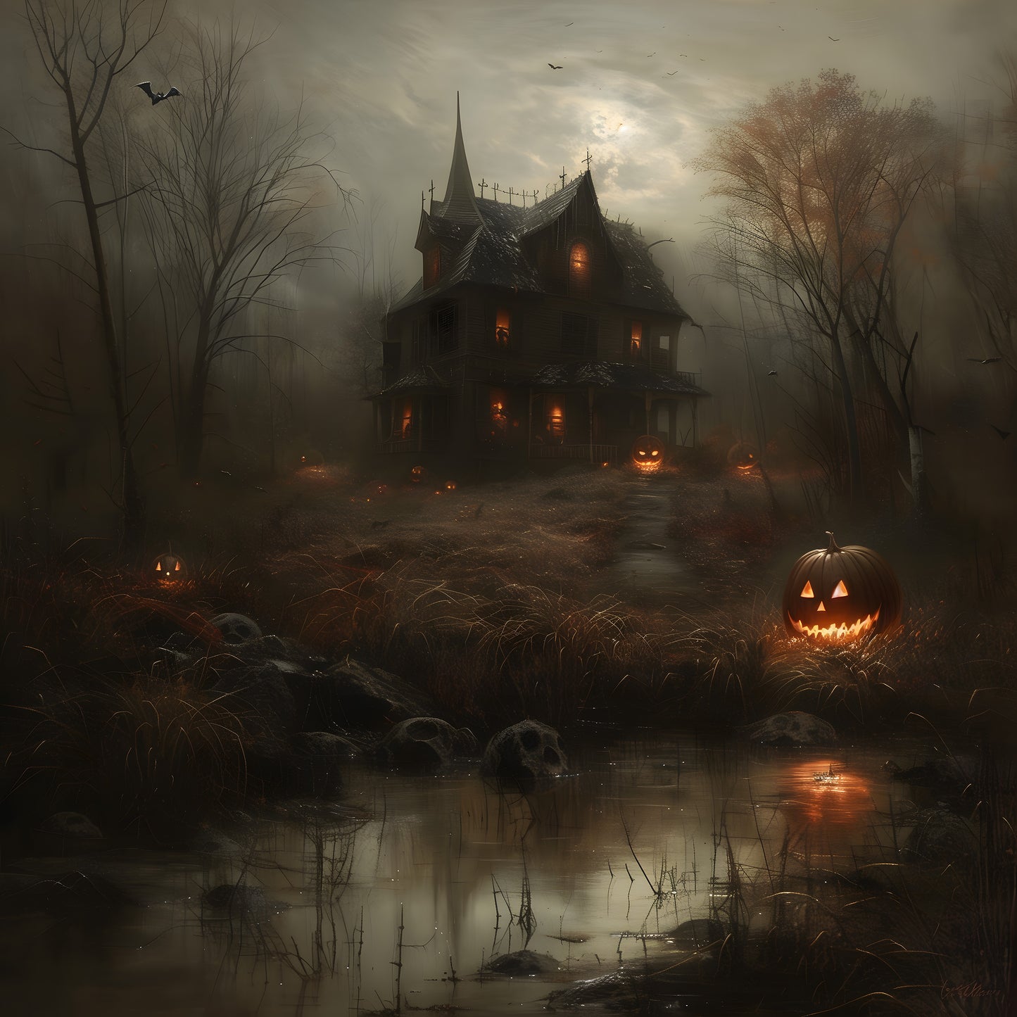 Hauntingly Beautiful - Classic Halloween Pumpkin Poster and Haunted House Art Print for Home Decor