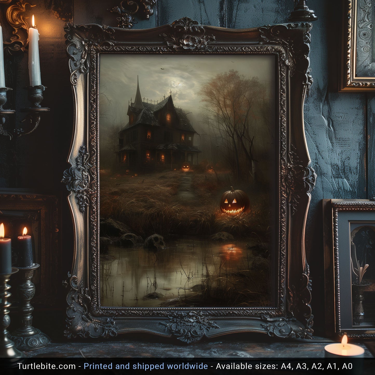 Hauntingly Beautiful - Classic Halloween Pumpkin Poster and Haunted House Art Print for Home Decor