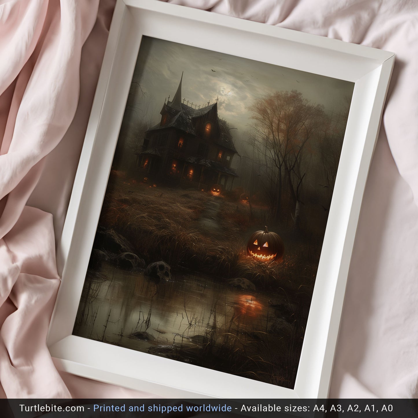 Hauntingly Beautiful - Classic Halloween Pumpkin Poster and Haunted House Art Print for Home Decor